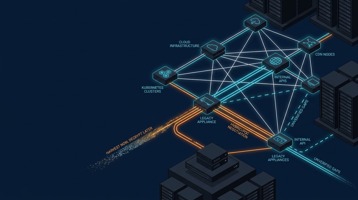 Enterprise cryptographic estate showing cloud infrastructure, Kubernetes, internal APIs, legacy systems and exposed cryptographic paths